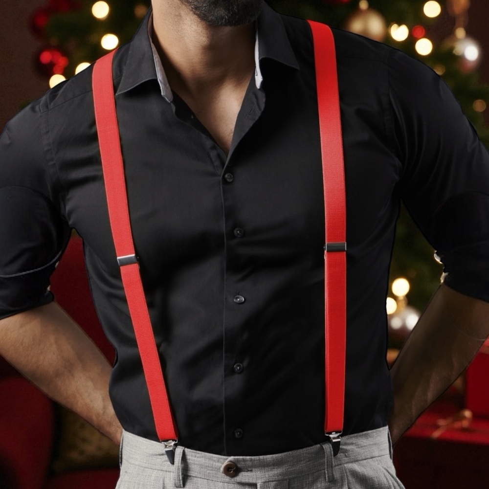 Apple Red Stretch Elastic-band Silver Tone Clip Adjustable Strap 1” Suspenders